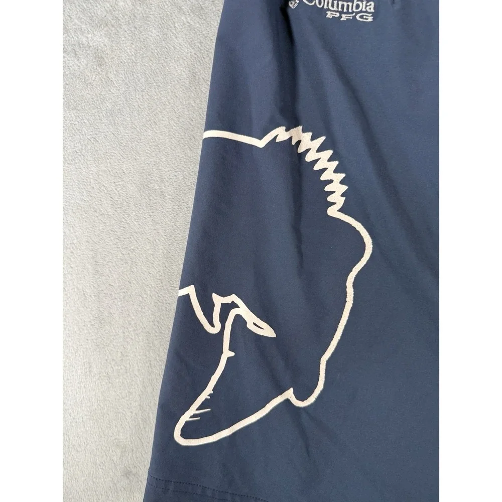 Columbia PFG Board Shorts Mens 32 Blue Large Mouth Bass Graphic Fishing Swimwear